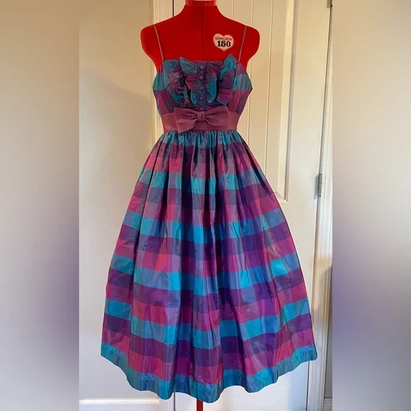 1960s / 1950s VTG Blue Purple Plaid Tuxedo Bodes Fit & Flare Sundress - Picture 7 of 9